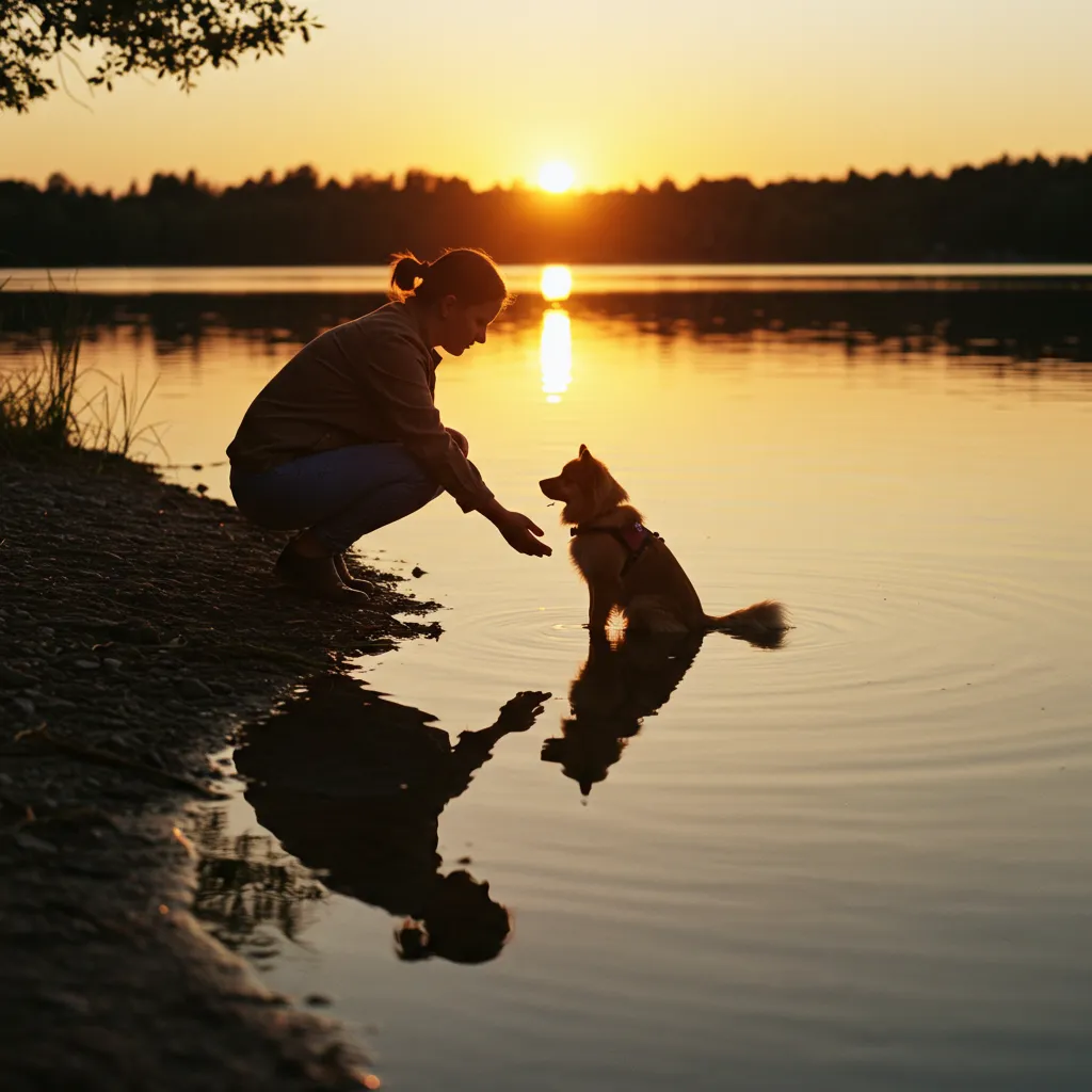 Pet owner honoring her dog's memory by the water at sunset